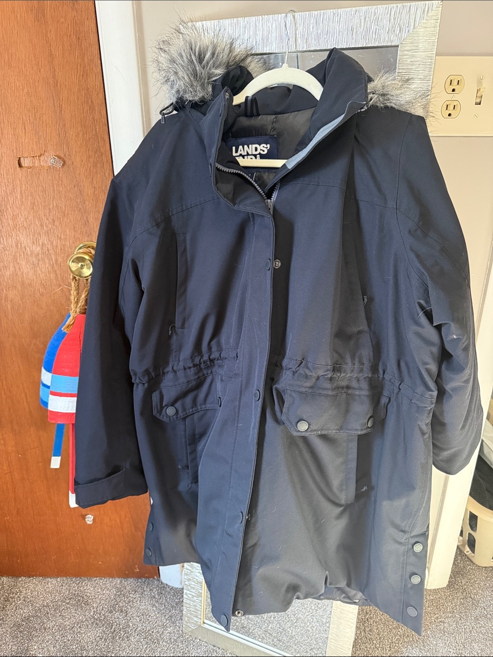 Lands' End Black expedition Parka with Faux Fur Trim